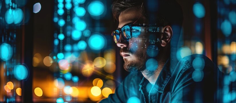 Male consultant using holographic technology at a call center for global IT support, digital transformation, and big data networking, working at night with double exposure.