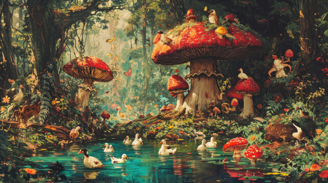 a painting of a forest filled with lots of different types of mushrooms and birds, with a pond in the foreground and ducks in the middle of the foreground.