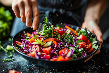 A close-up of hands preparing a colorful salad, symbolizing the joy, love and care, happiness, and health benefits of mindful eating