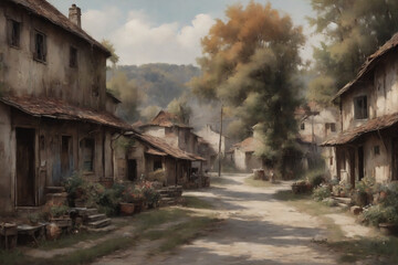 oil painting, beautiful landscape, village and buildings, printable art, picture to print on the...