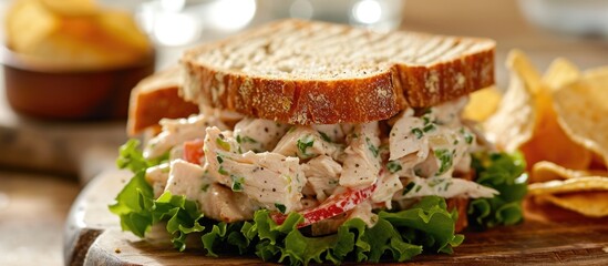 Healthy homemade chicken salad sandwich with chips. - obrazy, fototapety, plakaty