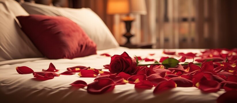 Rose flower and her petals on the bed in the bedroom romantic atmosphere. Generate AI image
