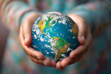 A close-up of hands holding a globe, symbolizing the collective global effort for health, joy, love and care, happiness, and a united approach to well-being