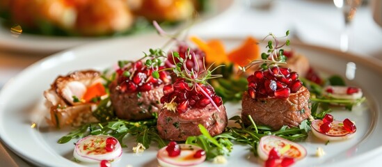 Meat salad and pomegranate canape.