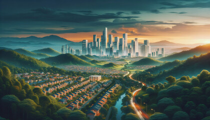 Futuristic cityscape surrounded by green forests and mountains at sunset