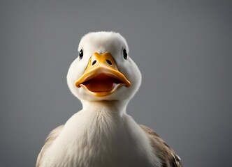 Portrait of a duck with a curious expression on a grey background