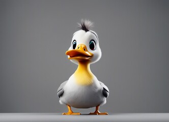 Cute duck on grey background. 3d illustration. Funny character.