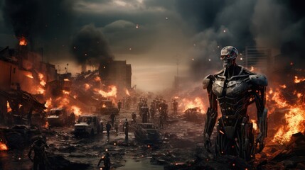 Humans against robots concept. World war. Destruction. Artificial intelligence android on the...