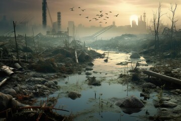 Ecological issues. Polluted land and river. Dirty water and soil. Industrial landscape. Destroyed world. AI Generated - obrazy, fototapety, plakaty