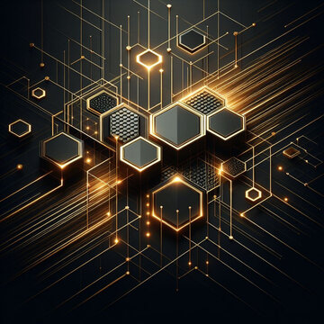 Papel de parede com motivos exagonal nas cores preto e dourado.