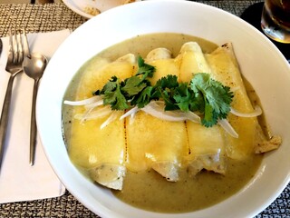 Green enchiladas with melted cheese and chicken 