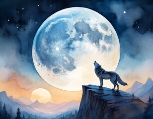 Wolf howling at the moon. Full moon, starry night sky. Watercolor story book style. Good for postcards, poster, book cover and canvas, Generative AI