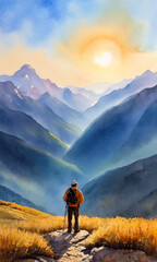 Hiker in the mountains and sunset view. Picture about traveling. Good for trekking, postcards, poster and canvas. Generative AI