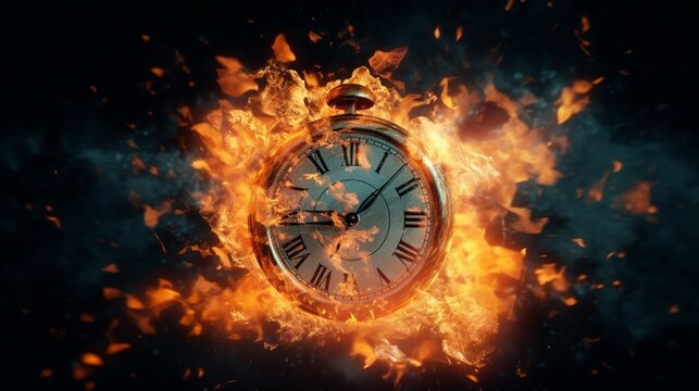 Clock on fire times burning end in fiery clock image Ai Generative