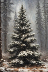 Vintage oil painting of a coniferous tree in a winter forest scenery , picture for printing on the wall