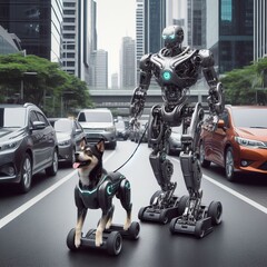 robot walking with a dog in the city