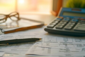 Tax forms with calculator and glasses, indicating meticulous tax preparation - obrazy, fototapety, plakaty