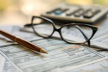 Tax forms with calculator and glasses, indicating meticulous tax preparation