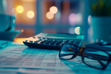 Tax forms with calculator and glasses, indicating meticulous tax preparation - obrazy, fototapety, plakaty