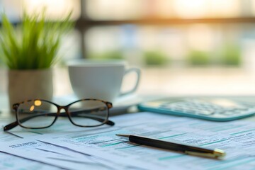 Tax forms with calculator and glasses, indicating meticulous tax preparation
