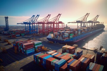 Naklejka premium Rows of cargo containers rest top massive container Port