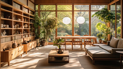 Modern living room with forest view