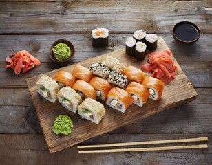 Sushi é uma culinária japonesa refinada que combina arroz temperado com vinagre, peixe fresco e outros ingredientes, proporcionando uma experiência gastronômica única e equilibrada. AI generation.