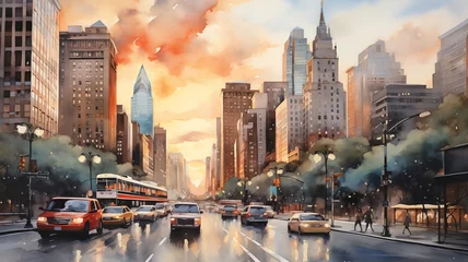 Foto auf Acrylglas Aquarellmalerei Wolkenkratzer Watercolor painting capturing the iconic skyline of a bustling city at sunset, with the warm glow reflecting off the buildings.