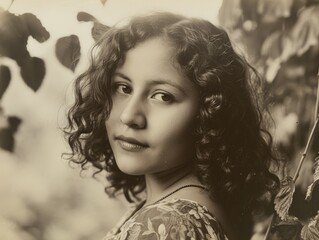 Photorealistic Teen Latino Woman with Brown Curly Hair vintage Illustration. Portrait of a person in 1920s era aesthetics. Historic photo style Ai Generated Horizontal Illustration.