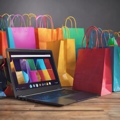 Laptop and shopping bags, online shopping concept