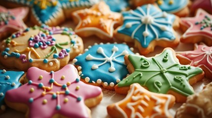  a close up of a bunch of cookies with icing on top of each and a snowflake on the top of the cookies on the bottom of the cookies. - obrazy, fototapety, plakaty