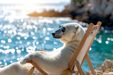 A cool and confident polar bear lounges in the sun, sporting stylish shades and enjoying the refreshing ocean breeze on a sandy beach - obrazy, fototapety, plakaty