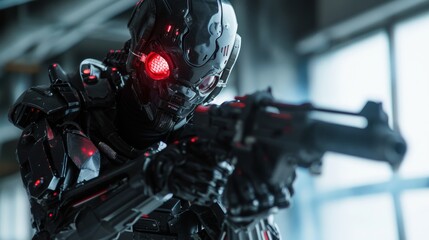 Fototapeta premium A fierce robotic warrior dons their advanced mecha suit, armed with powerful weapons and adorned in protective armour, ready to defend against any threat in their stylish garment