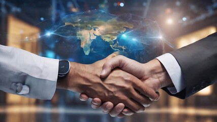 Business partners handshake global corporate with technology concept - obrazy, fototapety, plakaty