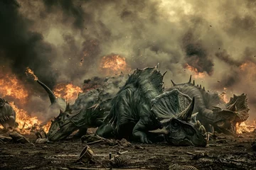 Foto op Aluminium A prehistoric scene of destruction as dinosaurs flee from a blazing field, engulfed in dark clouds of pollution and smoke © ChaoticMind