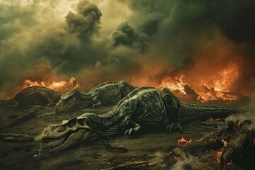 In the midst of a natural disaster, ancient creatures lay defeated as the fiery mountain spews forth destruction and pollution, engulfing the peaceful landscape in a chaotic wildfire - obrazy, fototapety, plakaty