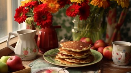 Obraz na płótnie Canvas Cozy homemade breakfast pancakes with apple sauce Ai Generative