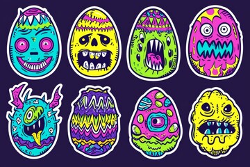 Fototapeta premium A colorful collection of childlike cartoon eggs, each with their own unique expression, surrounded by playful graphics and designs, all contained within a vibrant circular illustration