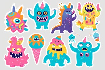 Playful child art brings to life a colorful world of animated cartoon monsters, filled with whimsy and charm in this clipart illustration