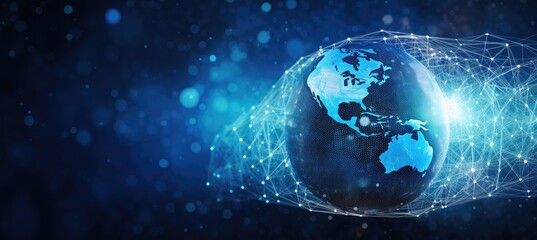 World globe with connected dots symbolizing global connection, communication and network.
