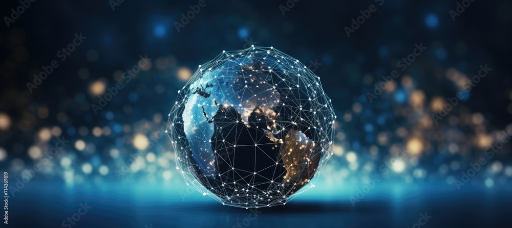 Wall mural world globe with connected dots symbolizing global connection, communication and network.