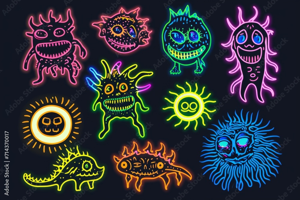 Poster Vibrant and imaginative, a chaotic gathering of whimsical cartoon creatures showcases a fusion of intricate fractal designs and playful illustrations