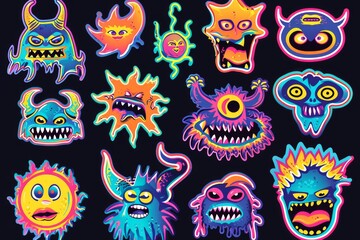 A playful gang of colorful cartoon monsters come to life in a whimsical clipart-style illustration full of vibrant art and eye-catching graphics