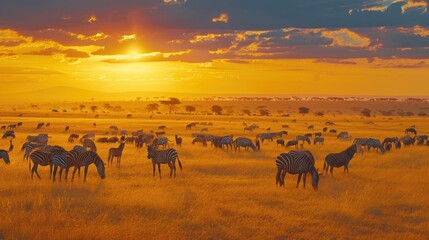 Fototapeta na wymiar a herd of zebras grazing on a dry grass field with the sun setting in the distance in the distance, with trees and bushes in the foreground, in the foreground.