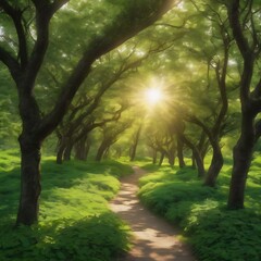 Pathway in the middle of the green leafed trees with the sun shining through the branches