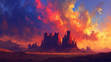  a painting of a sunset in a desert with a castle in the middle of the desert and a sky filled with orange and red clouds above it is a mountain range.