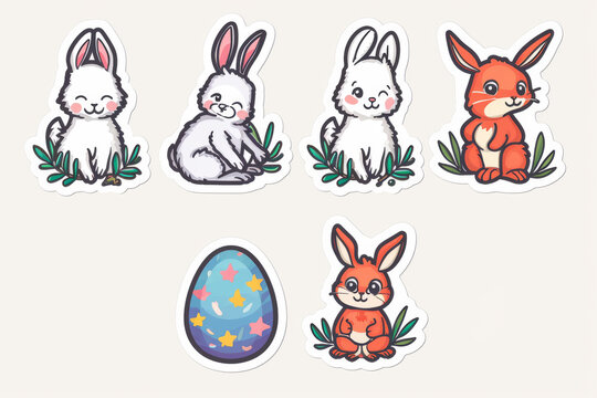 A whimsical collection of child-like drawings featuring adorable bunnies and an egg, captured in playful cartoon illustrations and charming clipart designs