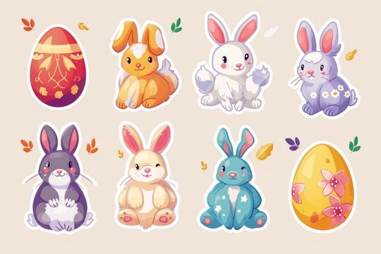 Whimsical bunnies and vibrant eggs come together in this playful and charming cartoon illustration of domestic rabbits