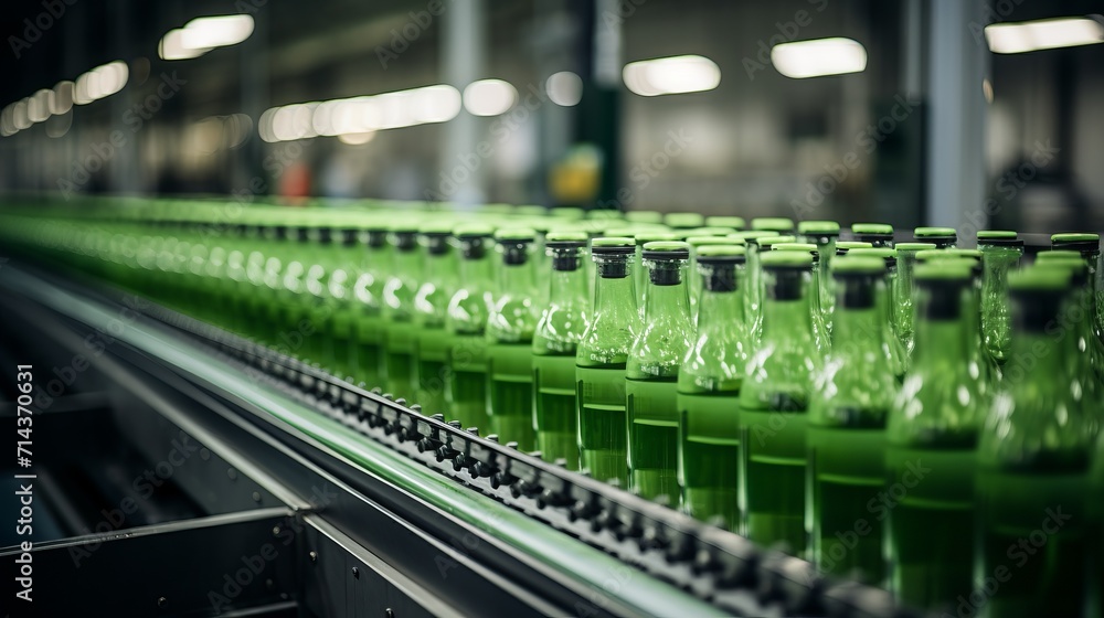 Poster beverage factory interior with efficient conveyor system transporting juice bottles