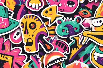 Vibrant cartoon stickers come to life with a modern twist of psychedelic art, blending intricate graphics and playful illustrations on fabric with a touch of graffiti flair